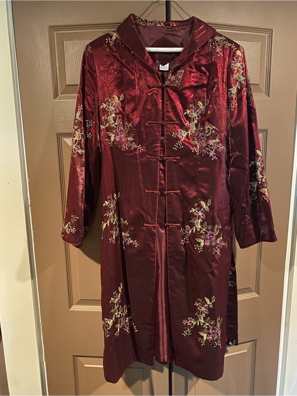 Embroidered Burgundy Satin Mandarin Coat